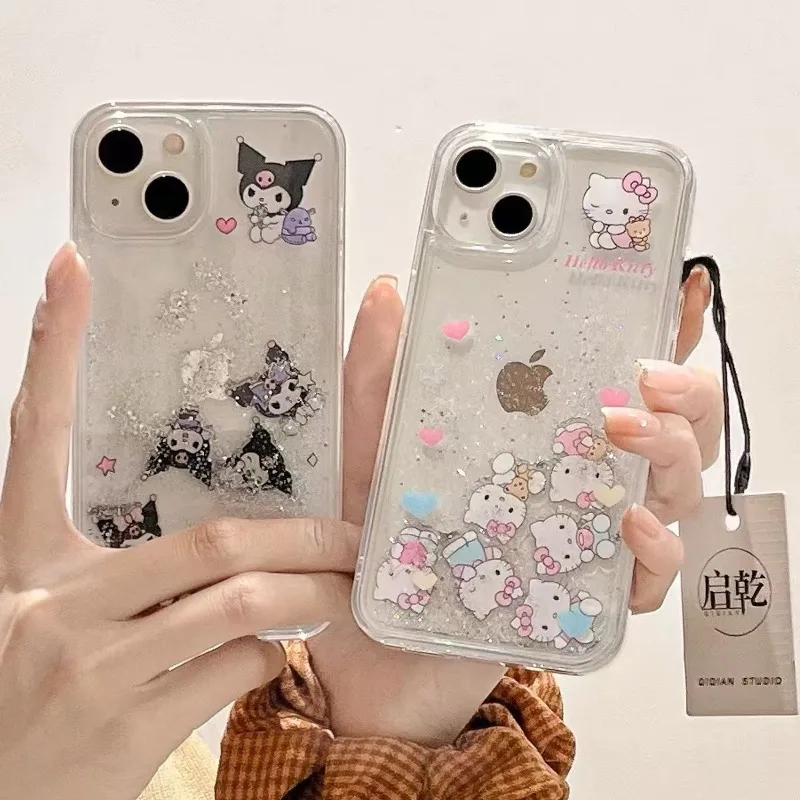 Anime Kuromi Cartoon Cute Pink 3D Heart Hello Kitty Luxury Glitter Quicksand Phone Case for Iphone 14 13 15 16 17 Pro Max Case