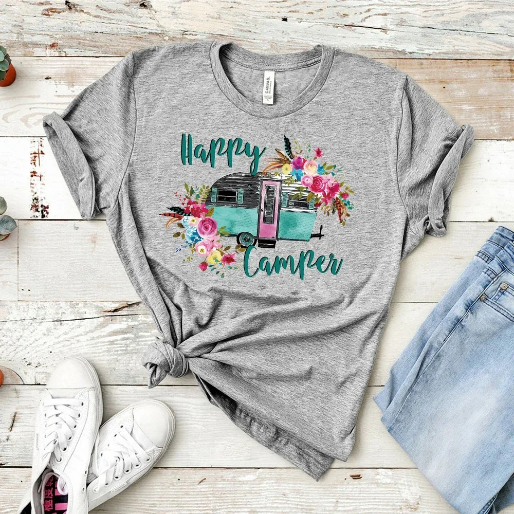 2024 Happy Camper Shirt Funny Camping T-Shirt Floral Camping Tees Cute Glamping Shirts Love To Camp Tee Cotton y2k top women