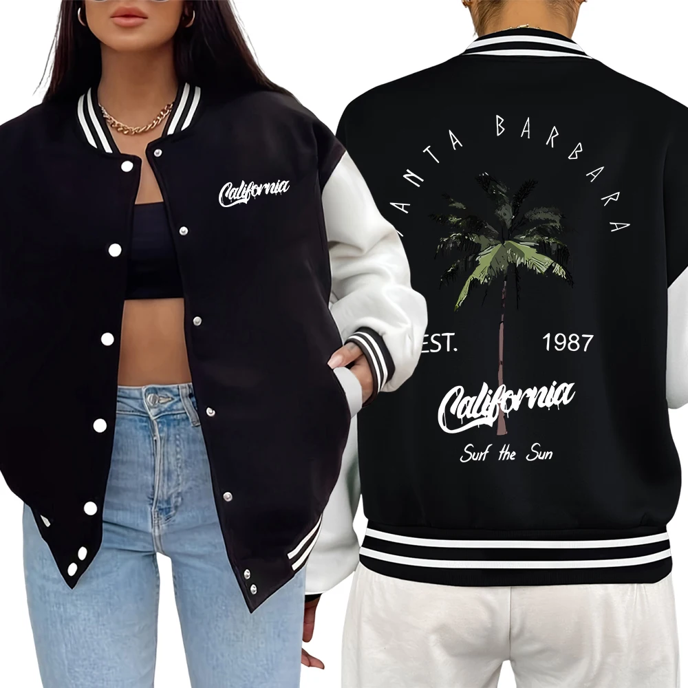 

Galafonia Coconut Palm Santa Barbara Print Baseball Jersey Women Hip Hop Button Veste Casual Loose Womenswear Autumn Warm Jacket