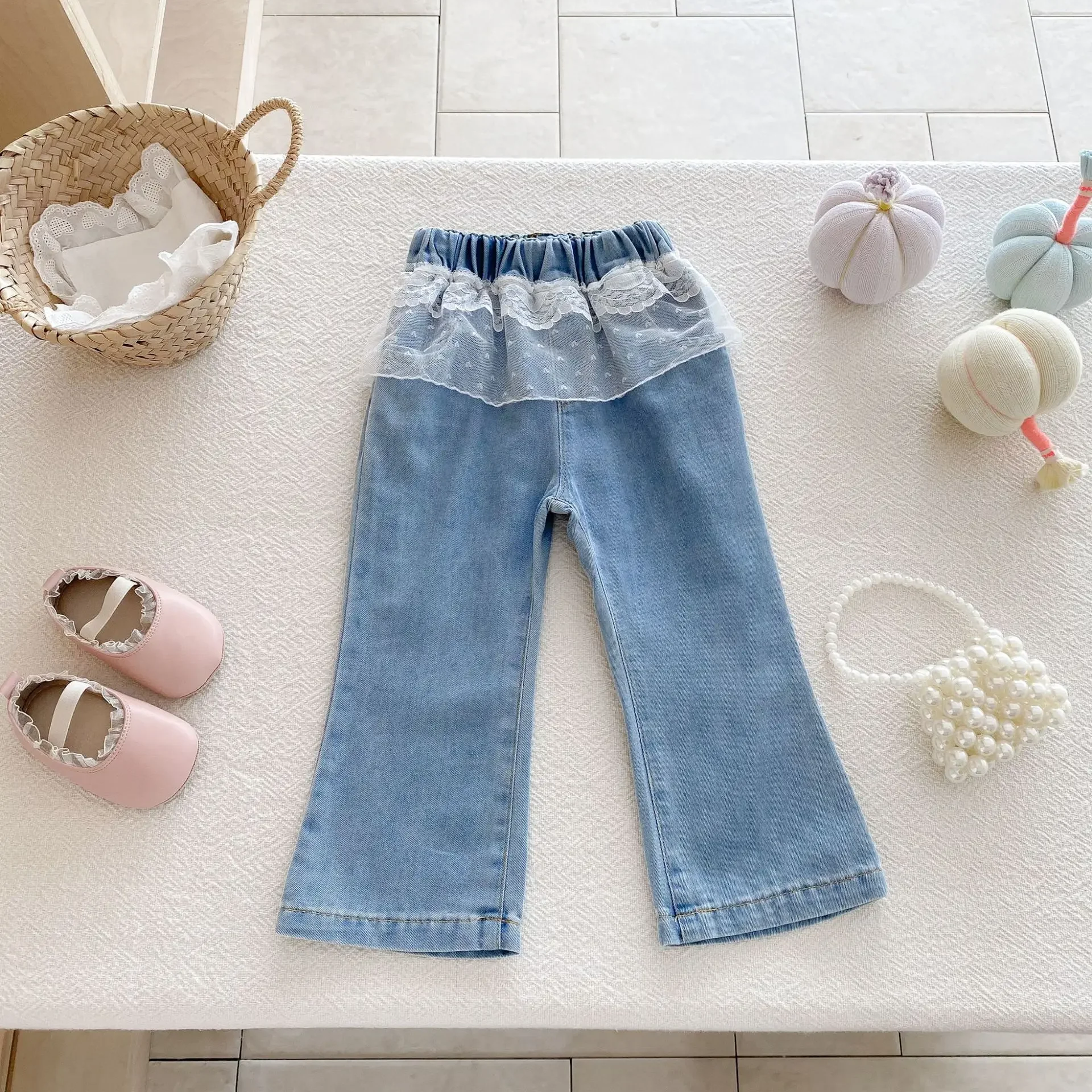 

Spring Autumn Toddler Girls Denim Flared Jeans Elastic Waist Lace Trim Casual Pants 2-6 Years Old Girls Clothing