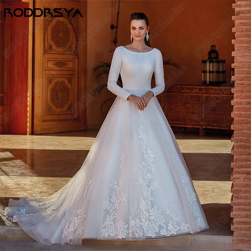 RODDRSYA Zivil U-Ausschnitt Satin Brautkleid Prinzessin Rückenlos Langarm Brautkleid ARoddrsya Zivil U-Ausschnitt Satin Brautkleid Prinzessin rücken frei Langarm Brautkleid Applikation Tüll eine Linie Vestidos de Novia