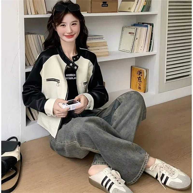 Autumn Ladies Contrast Color Jacket Retro Women Long Sleeves Pu Leather Outwear 2025 Femme Patchwork Short Faux Leather Coat