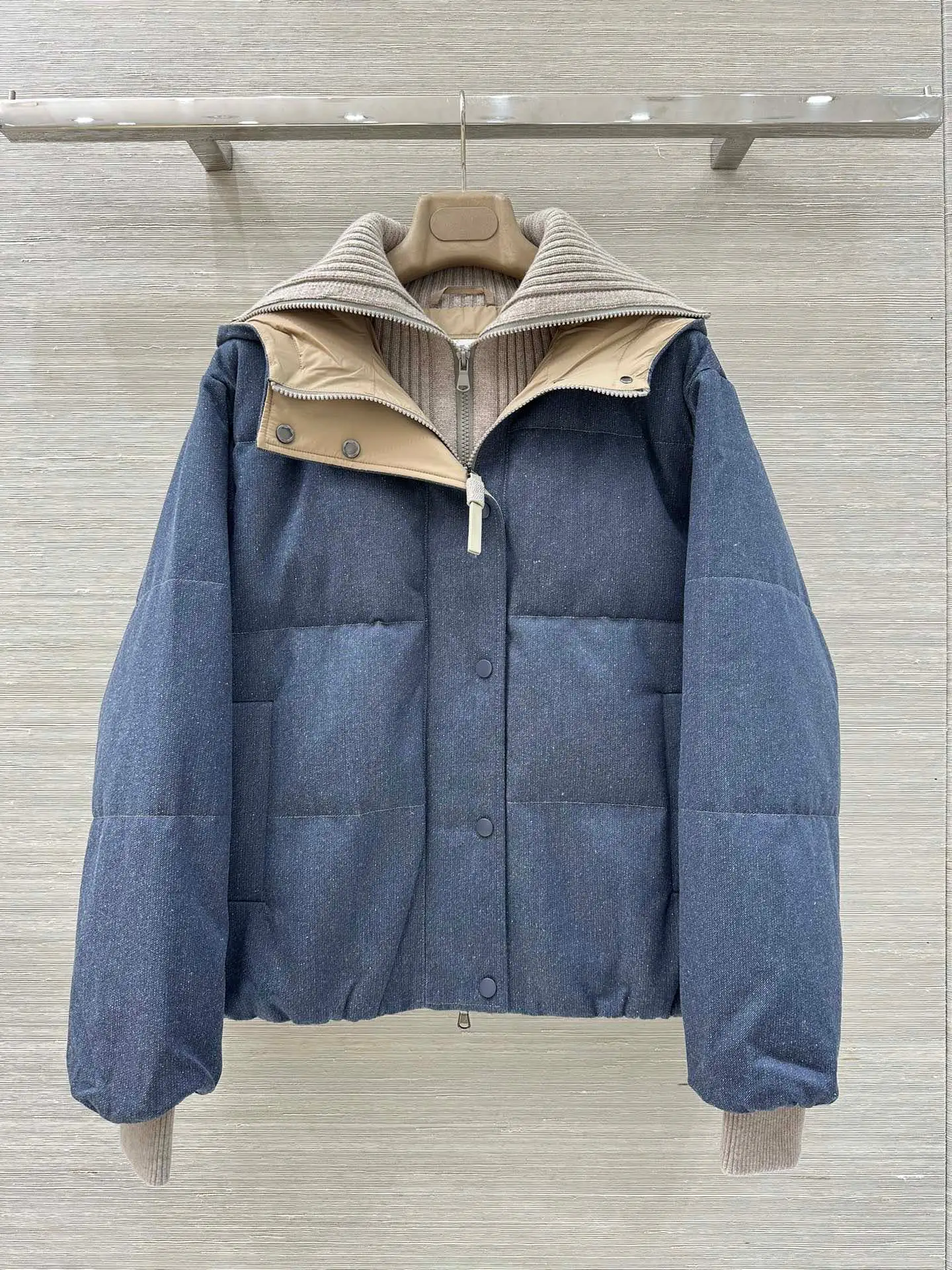 

Autumn Winter Women's Goose Down Jacket Knitted Patchwork Single Breasted Long Sleeve Loose Warm Hooded Coat