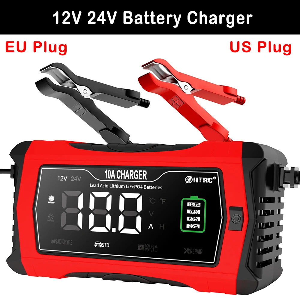 HTRC 10A Car Battery Charger 12V 24V For Lithium LiFePO4 AGM GEL Lead-Acid Batteries Motorcycle Auto Pulse Repair Smart Charging