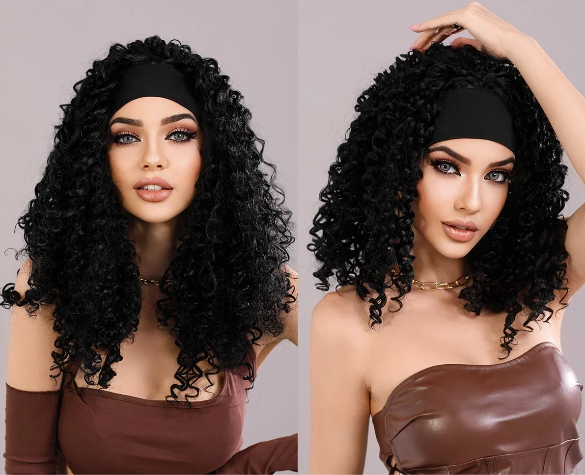 18“-22” 3/4 Half Long Charm Women‘s Spiral Headband Black African Curly Hair Ribbon Wigs Kinky Headband Wigs