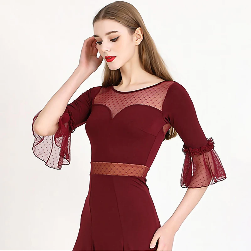 Ballroom Dance Ballroom Dance Dress Standard Wine Red Black Elegant Middle Sleeve Round Neck Competition Suit Waltz Stage Wear