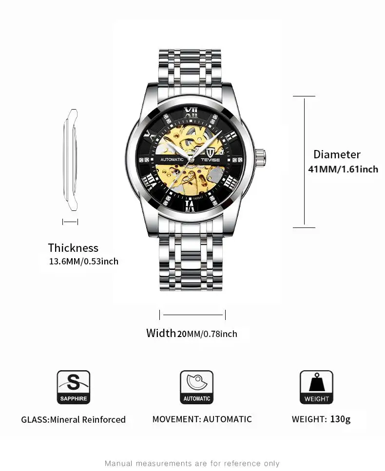 Tevise-男性用機械式自動腕時計,ステンレススチール,スケルトン,高級ブランド,ファッション