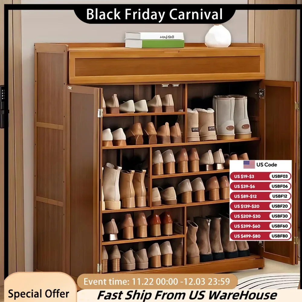 Bamboo shoe cabinet, independent shoe rack, shoe cabinet with doors and detachable shelves,entrance,living room, corridor,closet