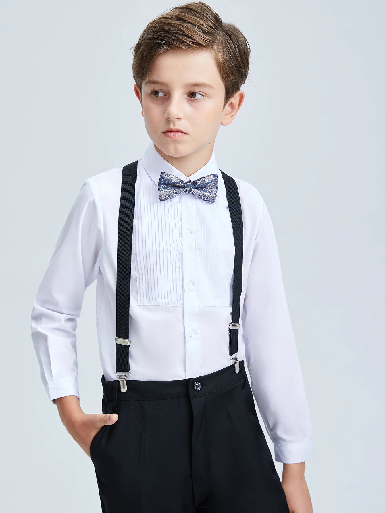 4pcs/set Boys\' Suit Set With  Shirt , Pants  Tie And Straps School Uniforms