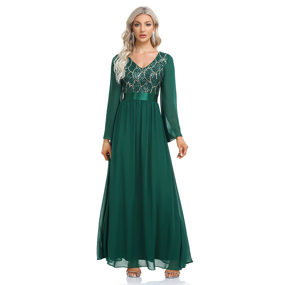 Plus Size Women Elegant V-neck Long Sleeve Sequin Evening Dress A-Line Chiffon Wedding Party Gown For Bridesmaid 2022 New Gown