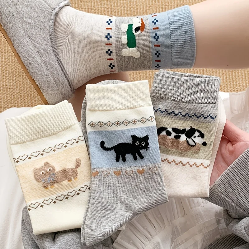 4 Pairs Women Cute Cartoon Animal Mid Calf Socks, Vintage Cat Dog Color Block Socks,Versatile Ins Casual Socks for Autumn Winter