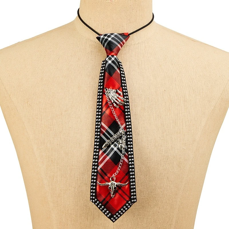 Retro Plaid Necktie Skull Bull Head Chain Fashion Tie for Men Women Punk Rock Clothing Accessories Jewelry Gifts
