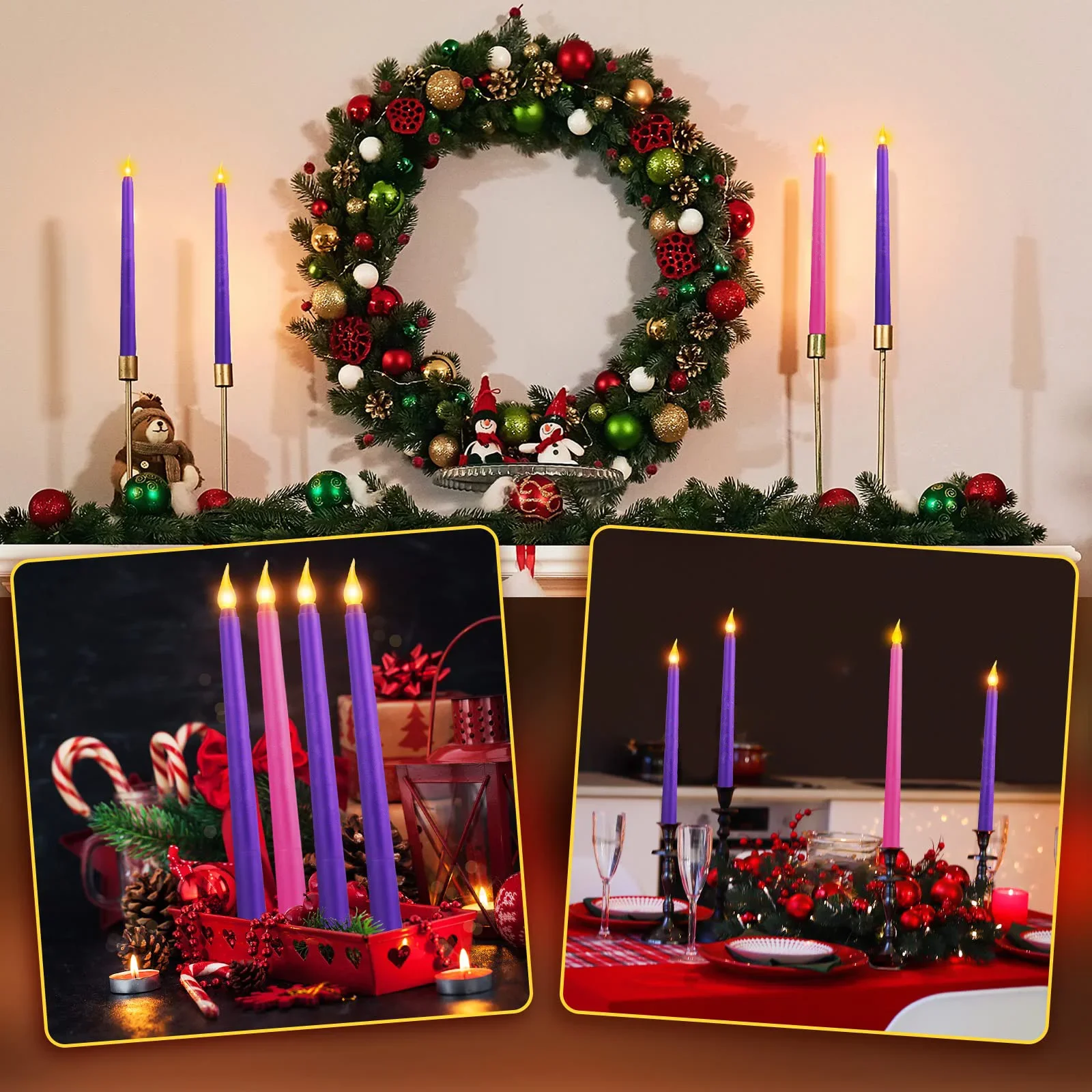4~48pcs LED Advent Candles Set of 4 or 5 Christmas Taper Flameless candle with Advent Wreath Purple Pink White Church Flickering