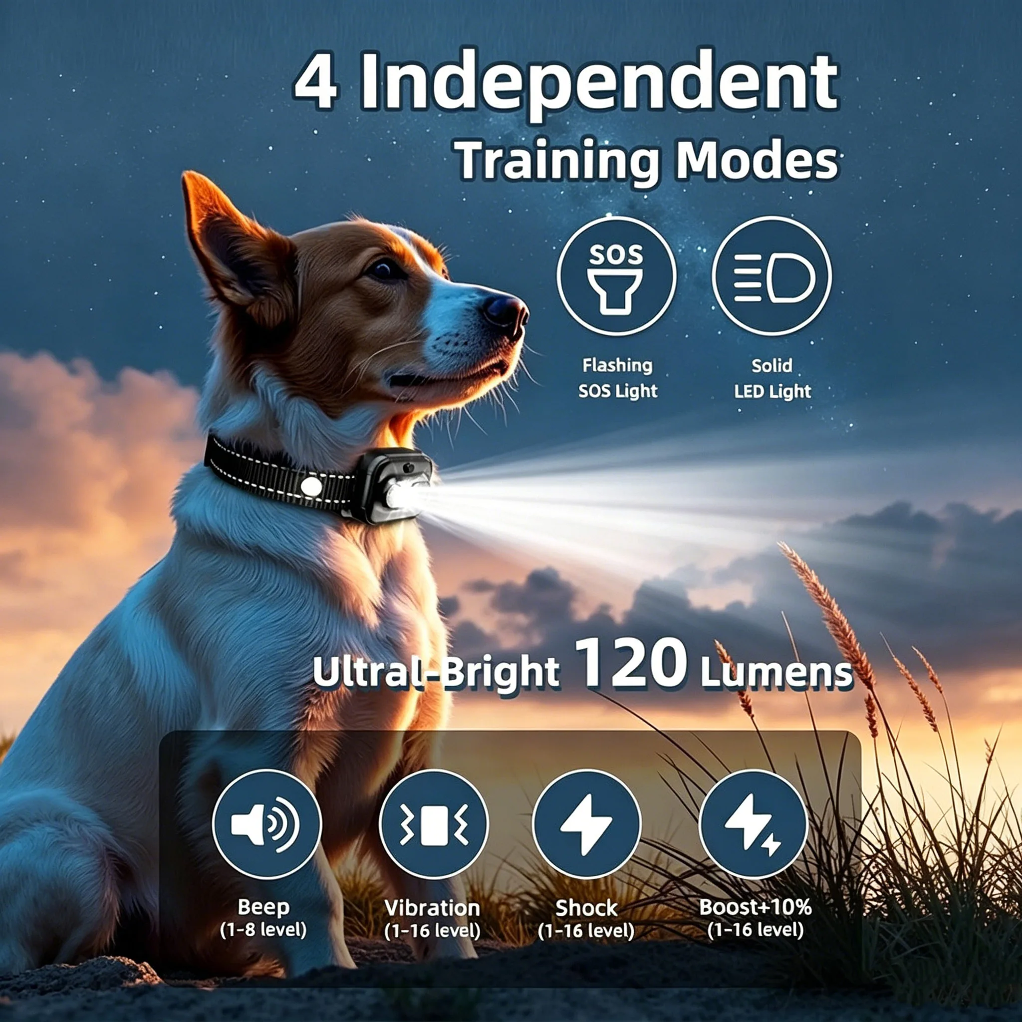 

Remote Dog Training Collar with 120LM LED Light, Beep Vibration Shock Training Collar for 2 Dogs Dual Channel Safe Lock Design