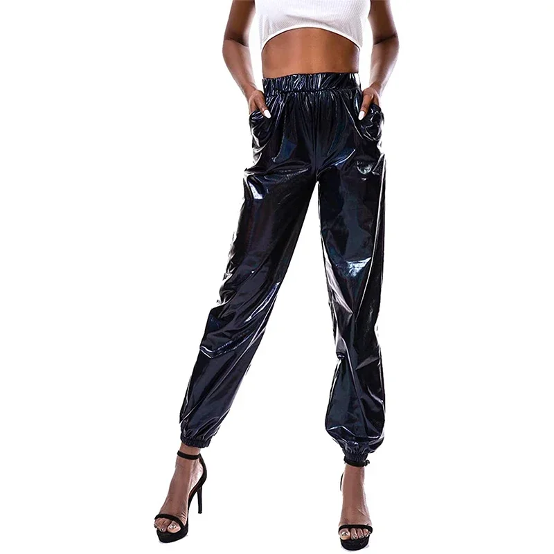 

High Waist PU Leather Pants Women Casual Loose Bloomers With Pocket Office Lady Shiny Patent Leather Stretch Trousers Custom