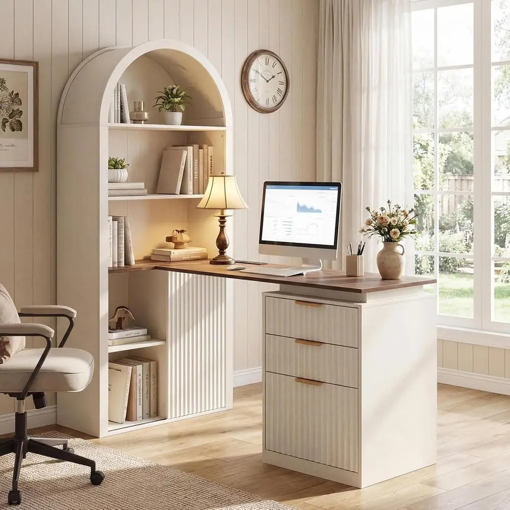 

61" L-Shaped Desk with Arched Bookshel, luted Computer Desk with 3 Ders, Sleek Sliding Door, Built-in Charging Station, Elegant