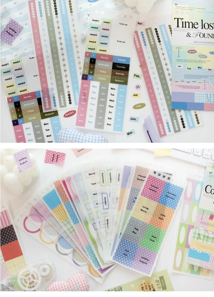 Journal GO 30pcs Mixed Material Date Planner Stickers PET & Washi Paper Index Sticker for Scrapbooking Colorful Number Month