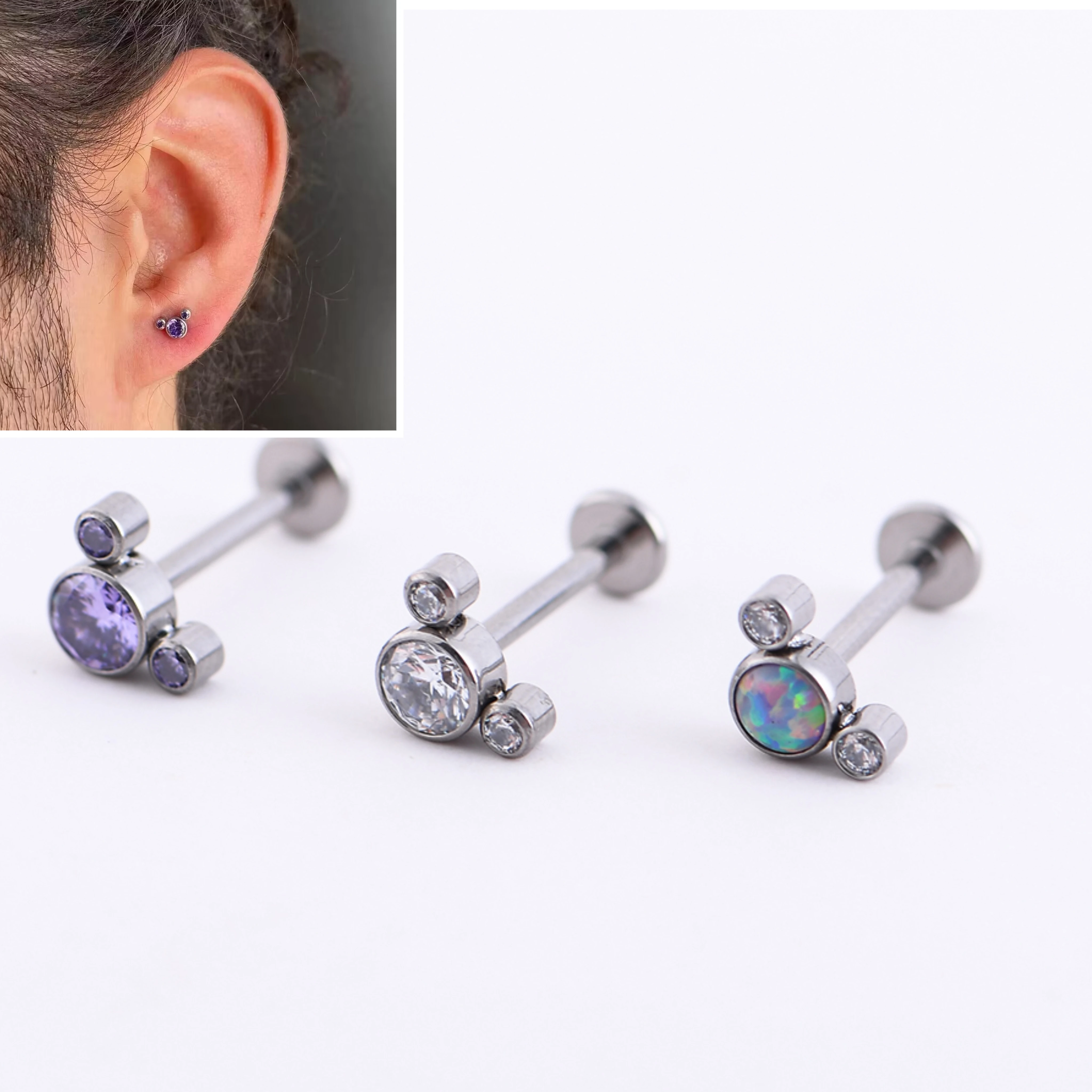 16G ASTM F136 titanio hilo interno ópalo Micky Mouse Labret Stud para nariz labio lengua hélice cartílago Piercings joyería