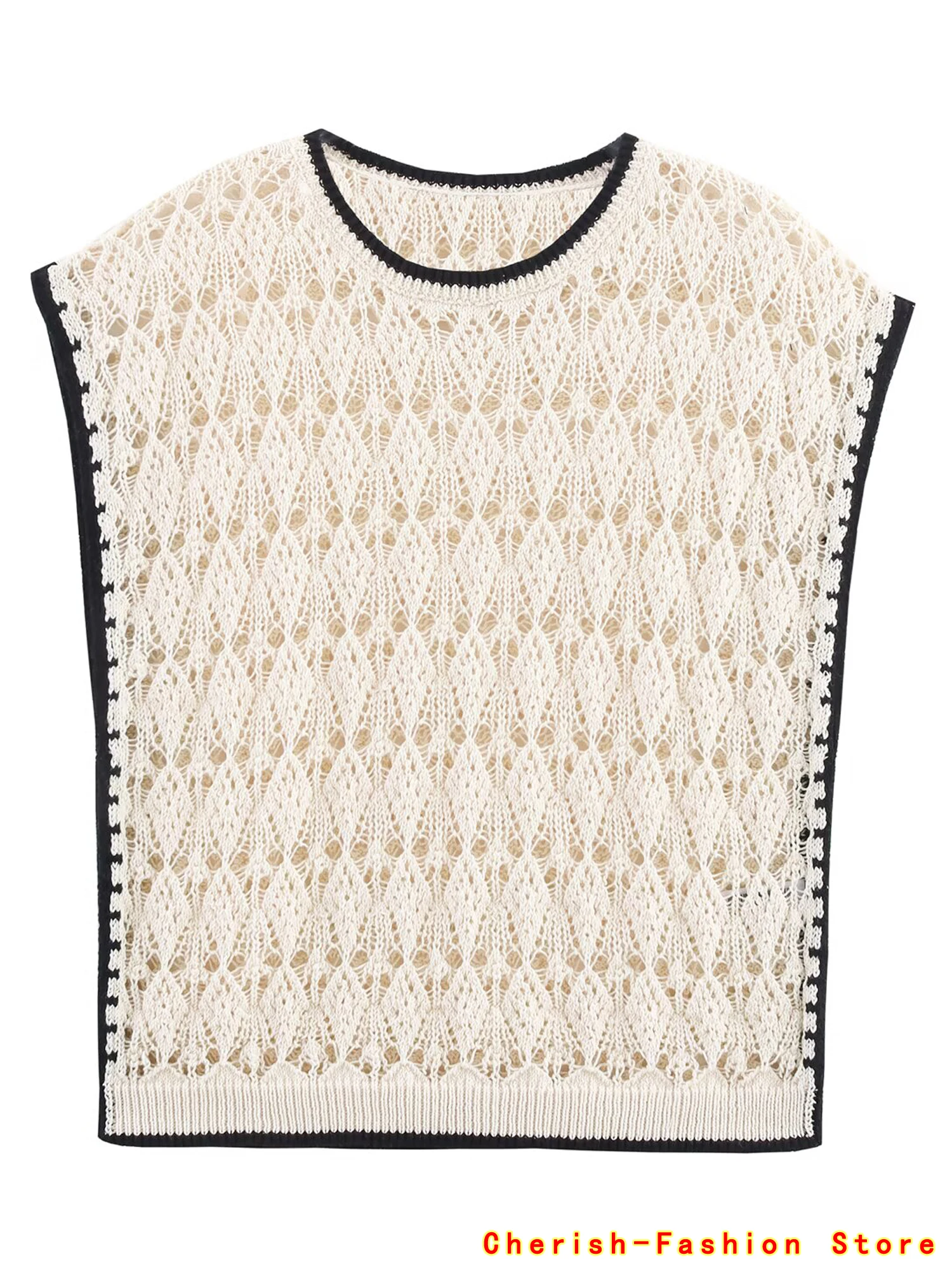 

Femme Summer Fashion Trend Hollow Out Contrasting Colors O-neck Women Clothing Sexy Appear Thin Crochet Fashionable Sleeveless