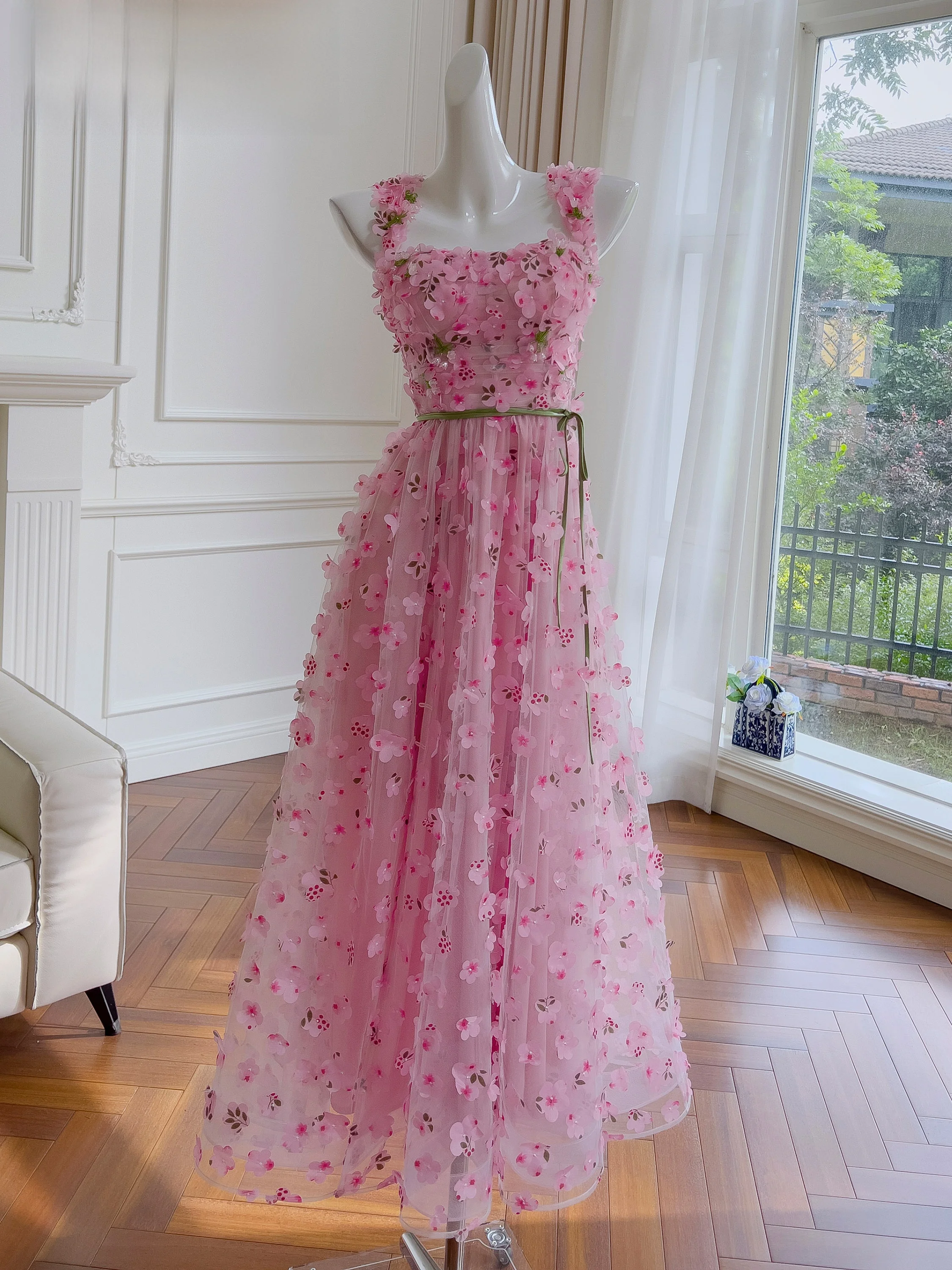 Ele Rosa Spitze 3D Blume Trägerkleid Fee T Princ Langes Dr Abendball Dr Frauen Sommer Nylonfaserkleid