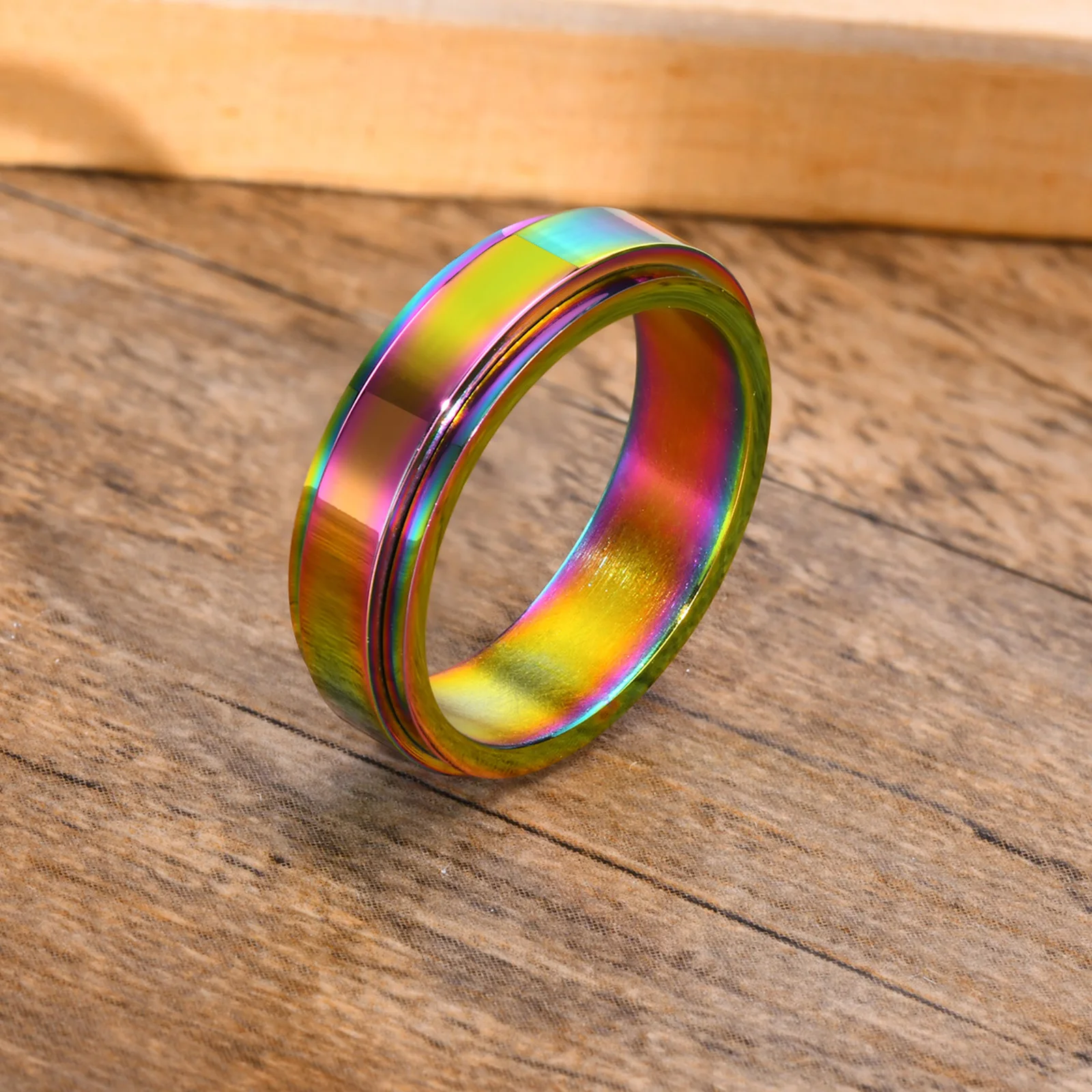 Vnox Unique Mens Spinner Rainbow Pride Wedding Promise Bands for Men Women, 6MM Stainless Steel Stress Relieving Anxiety Ring