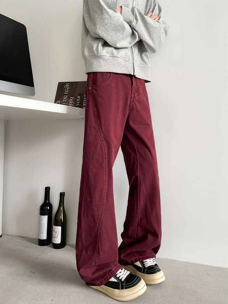 

Ankela Red American High Street Knife Men's Jeans Straight Leg Micro Flare Pants Casual Wear Durable Middle Waist Zipper