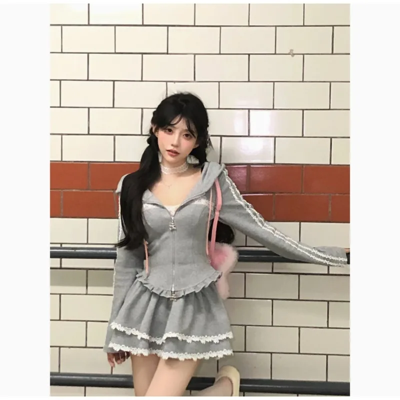 

Sweet Hot Girl Suit Women's Autumn Hooded Long-sleeved Sweatshirt High Waisted A-line Skirt Two-piece Set Fashion Female Clothes