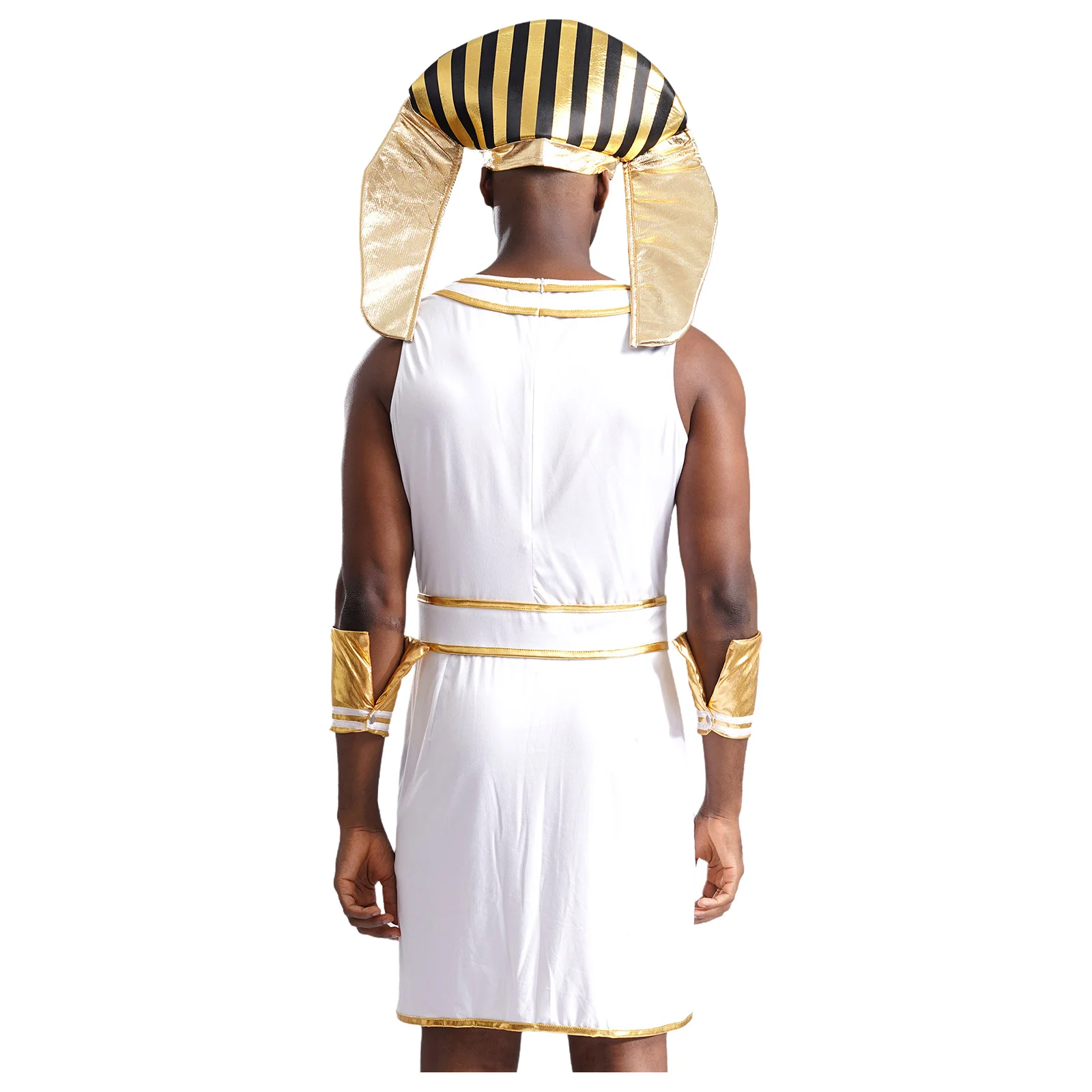 Mens Egyptian Pharaoh King Cosplay Costume Dress with Cuffs Snake Head Hat Halloween Carnival Ancient Egypt Role Play Clothes