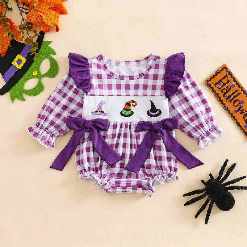 

Halloween Baby Girl Clothes Bodysuit Outfit Ruffle Wing Sleeve Long Sleeve Print Bow Romper Lively Cute Onesie Grid Girls Clothe