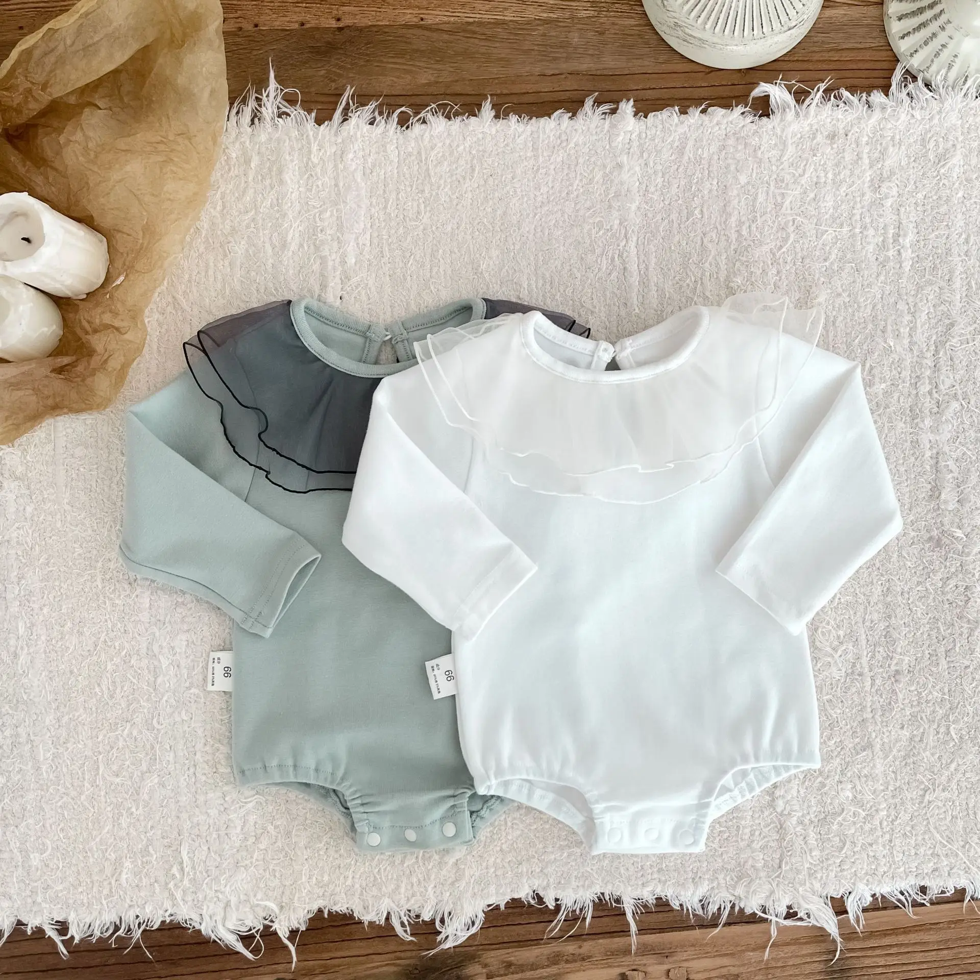 2024 Autumn New Baby Girl Solid Gauze Collar Bodysuit Cotton Soft Infant Toddler Long Sleeve Jumpsuit Newborn Clothes 0-24M