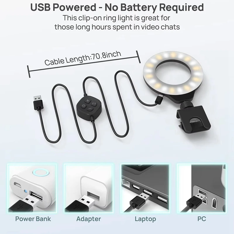 AB09-Adjustable LED Selfie Light Vedio Lamp With Clip On Laptop Computer For Live Streaming Self Broadcasting Conference Chat
