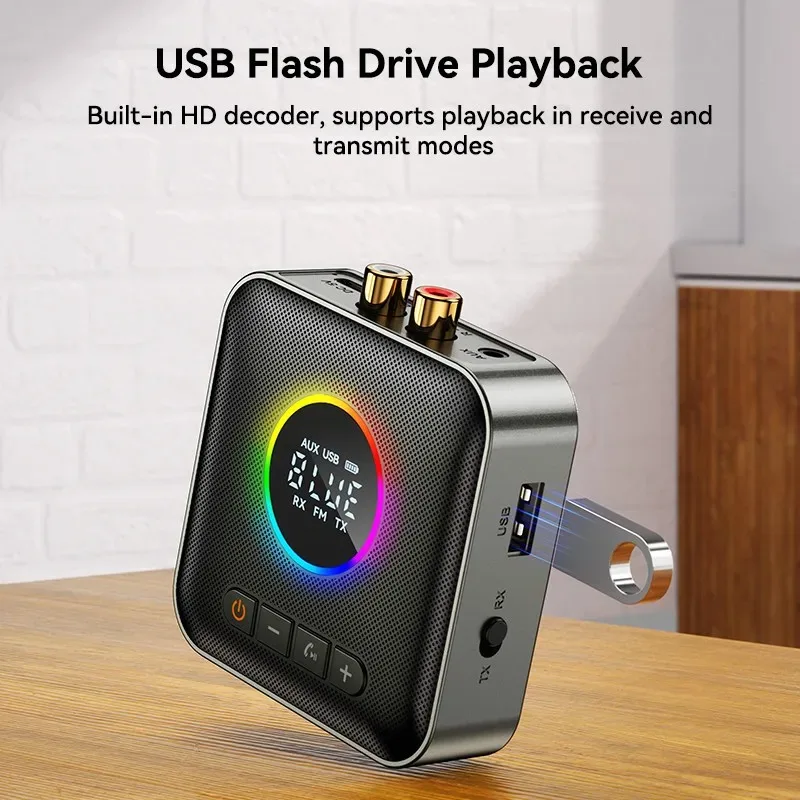 4-в-1 RGB Красочная подсветка Bluetooth 5.4 Аудиоприемник Передатчик FM USB 3,5 мм AUX RCA HIFI Музыка Светодиодный дисплей Беспроводной адаптер