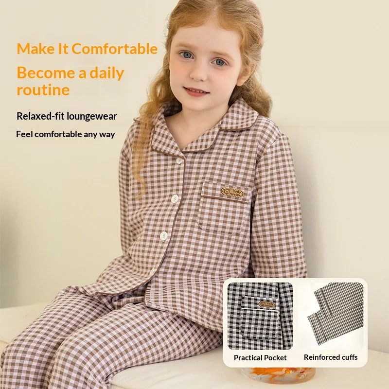 

Новый весенний комплект домашней одежды для детей 2026 года: шоколадный цвет, повседневный клетчатый кардиган с длинным рукавом и брюки, 2 предмета, пижама для мальчиков и девочек