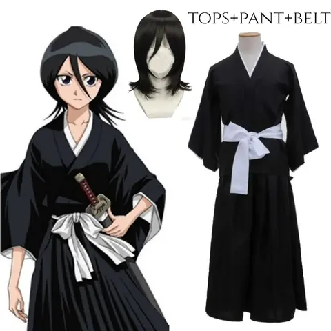Anime BLEACH Cos Suit Kuchiki Rukia Shinigami Cosplay Costume Wig Black Kimono Full Set Halloween for Woman Men Halloween Party
