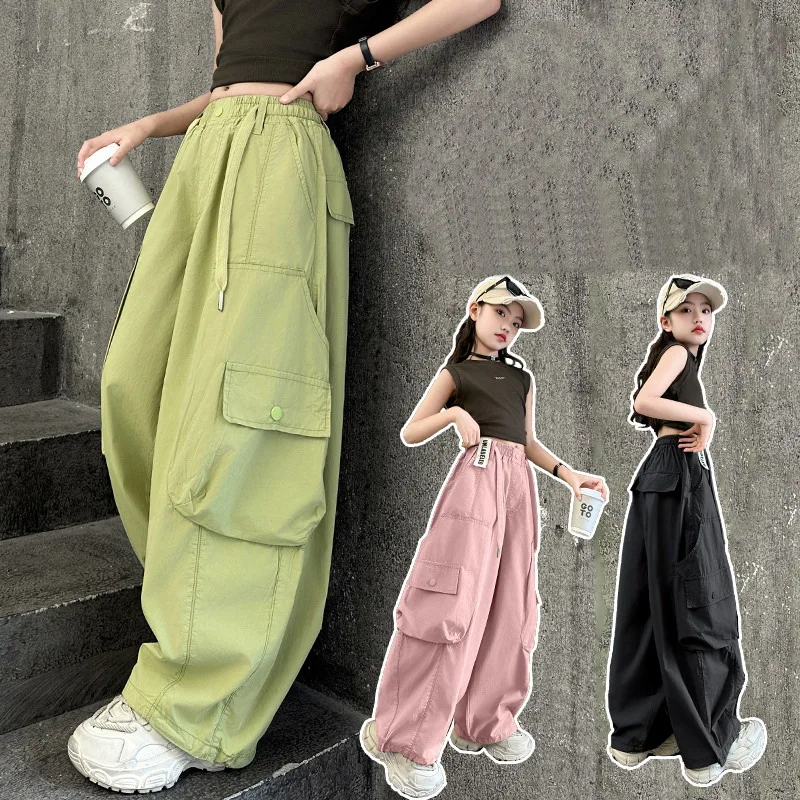 Teenager-Mädchen Cargohosen mit Taschen Sommer Kinder Hip-Hop Baggy Weites Bein Gerade Hosen Kinder Lässige Streetwear Jogginghosen