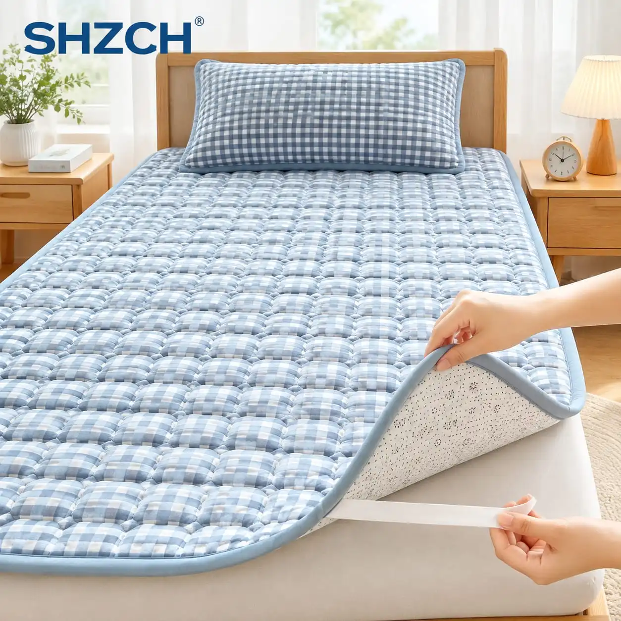 Quilted Cotton Mattress Pad Breathable Non Slip Thin Mattress Topper with Elastic Straps for Dormitory Home Bedding Protector