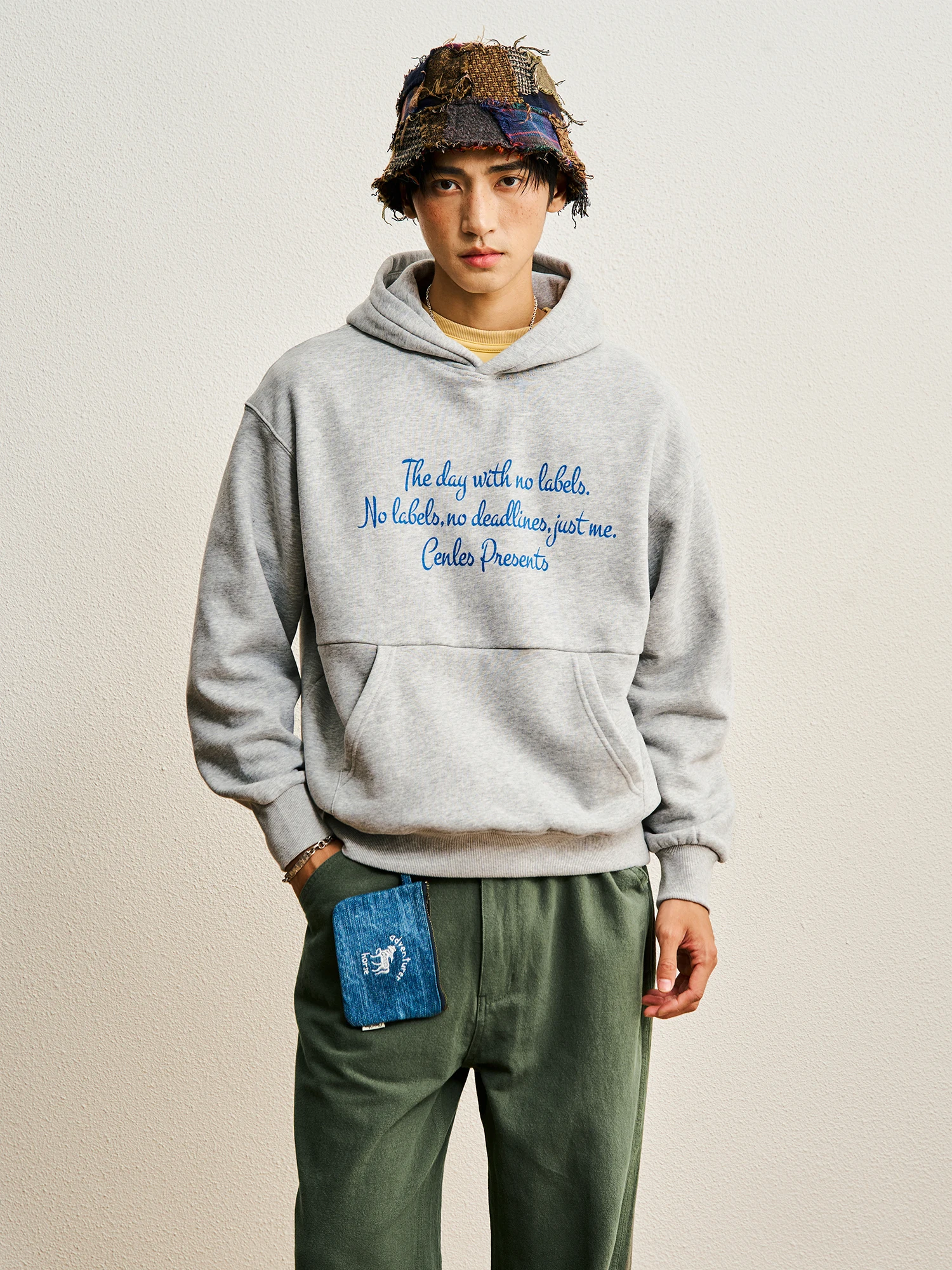 CENLES AW26 Fleece Hoodie Letter Print No Tag Japanese Character Print Heavyweight Casual Sweatshirt for Students And Youth