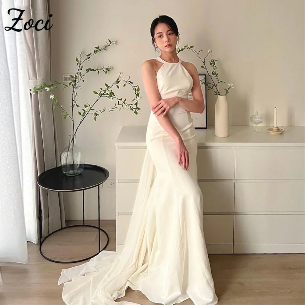 

Zoci Sexy Halter Korea Wedding Dresses Mermaid Backless Criss-Cross Bridal Gown Customized Photos Shoot Bride Receptions Dresses