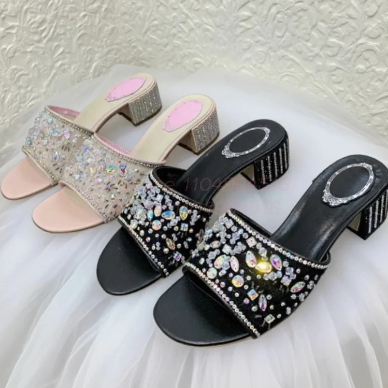 

Luxury Rhinestone Sequins Square Heel Slippers Women Diamond Studded Open Toe Mules Sandals 2025 Sexy Fashion Party Prom Shoes