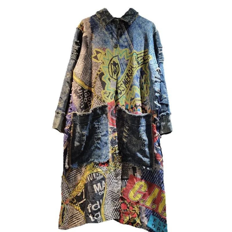 WTHT модное женское вязаное джинсовое длинное пальто с нерегулярным принтом, новинка лета 2021, женская куртка с большими карманами и лацканами 1LS2196