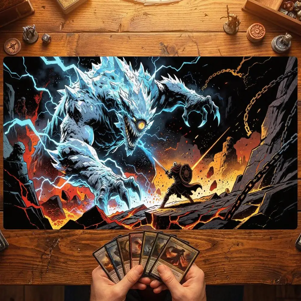 Ice Lightning Wolf Battle Mouse Pad Card Playmat Stitched with Magic Zones Tabletop for MTG/TCG Card Battle Commander Gaming Mat