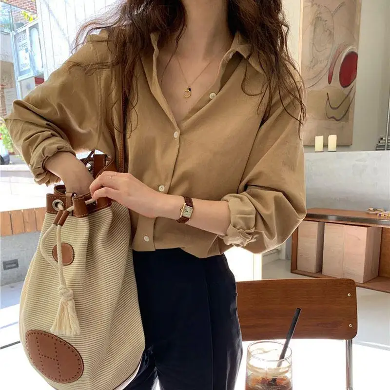 Shirts Women Clothing Vintage Office Lady Autumn Winter Solid Corduroy Turn-down Collar Classy Shirt Harajuku Camisas Mujer Chic