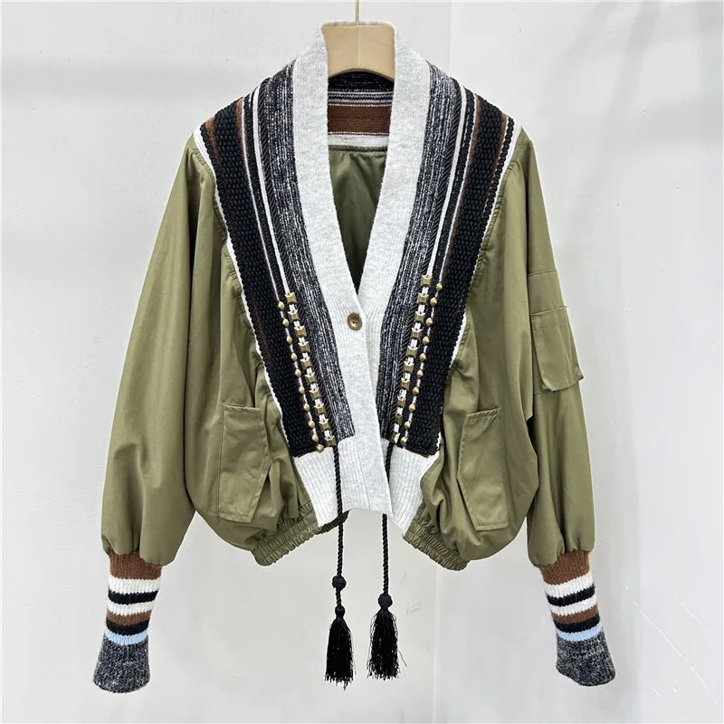 Spring Women Korean Fashion Rivet Stripe Knitting Splicing Fringe Short Baseball Jacket Casual V-neck Long Sleeve Female Coat