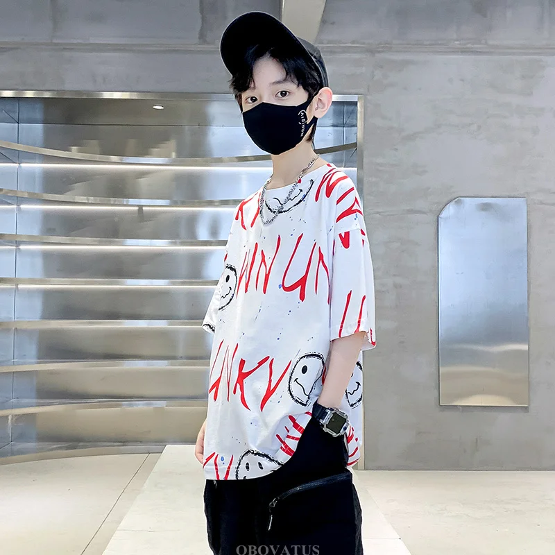 Fashion Kids Shorts Sleeve T-shirt For Boys Cotton Smile Face Print Tshirt Child Summer Tee Shirt   Tee Tops Boy Luxury Clothes