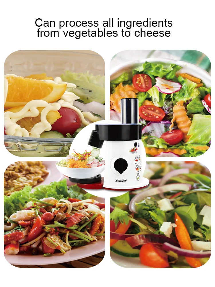 Sonifer SF-5505 5 in 1 Electric Salad Maker 200W Vegetable Slicer Shredder with 5 Stainless Steel Discs XL Feeding Tube 220V image 3