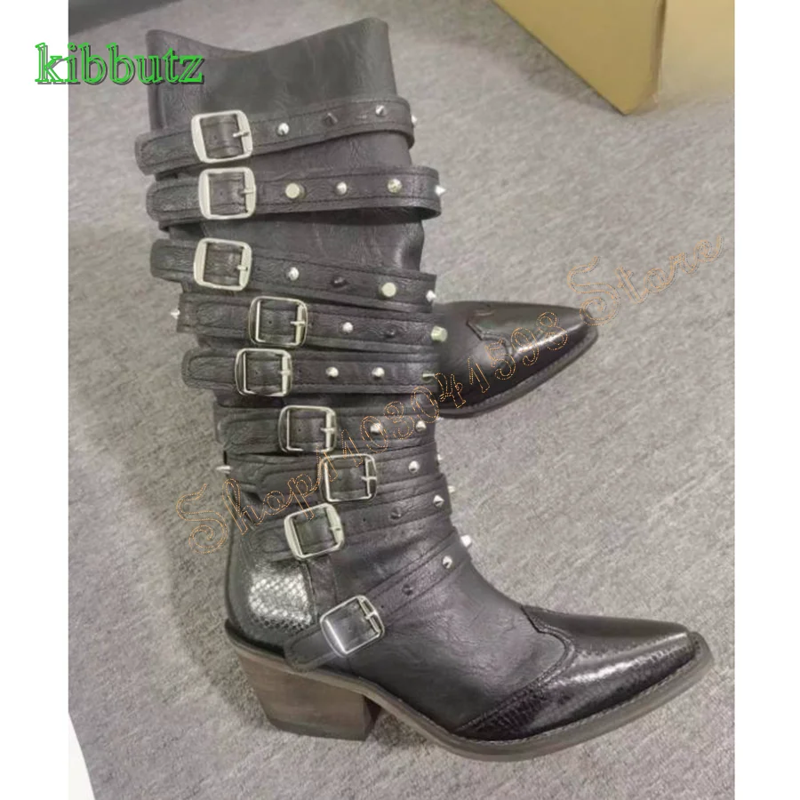 

Buckle Studded Leather Boots for Women,Retro Pointed Toe Chunky Heel Knee HighBoots Plus Size Boots2023 New Zapatos Para Mujere