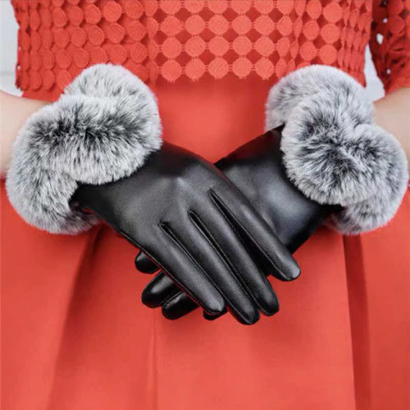 Guantes cálidos de piel de conejo para mujer, mitones cálidos de cuero PU negro, otoño e invierno, 1 par