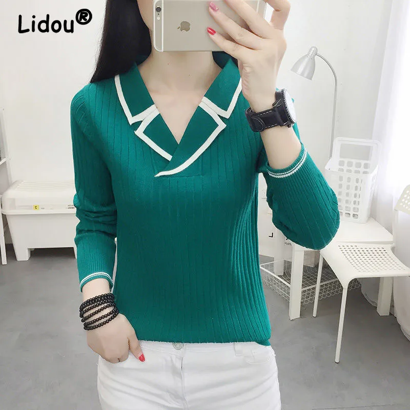 2023 Autumn and Winter Women\'s New Sweater Slim Fit Korean V-Neck Fashionable Underlay Solid Color Comfortable Versatile Top