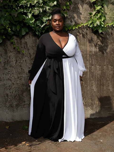 Cm.yaya Elegant Plus Size Women Curve Black White Colorblocked Long Sleeve Wraped Sashes High Waist V neck Slim Maxi Long Dress Plus Size Dresses