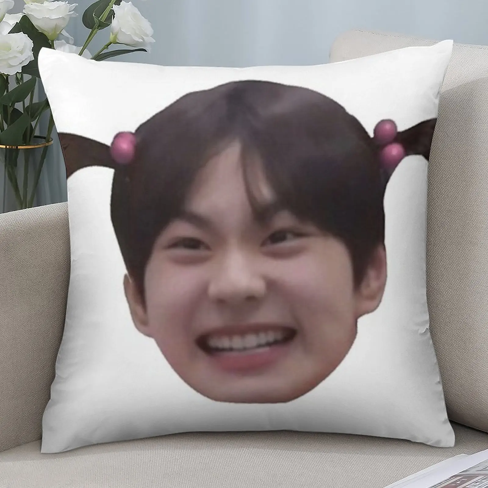 1pc Funny K-Pop Idol Pillow Cover, Polyester 2D Double-Sided Print, Cute Pigtail Meme Design, Playful Fan Merch Home Acc